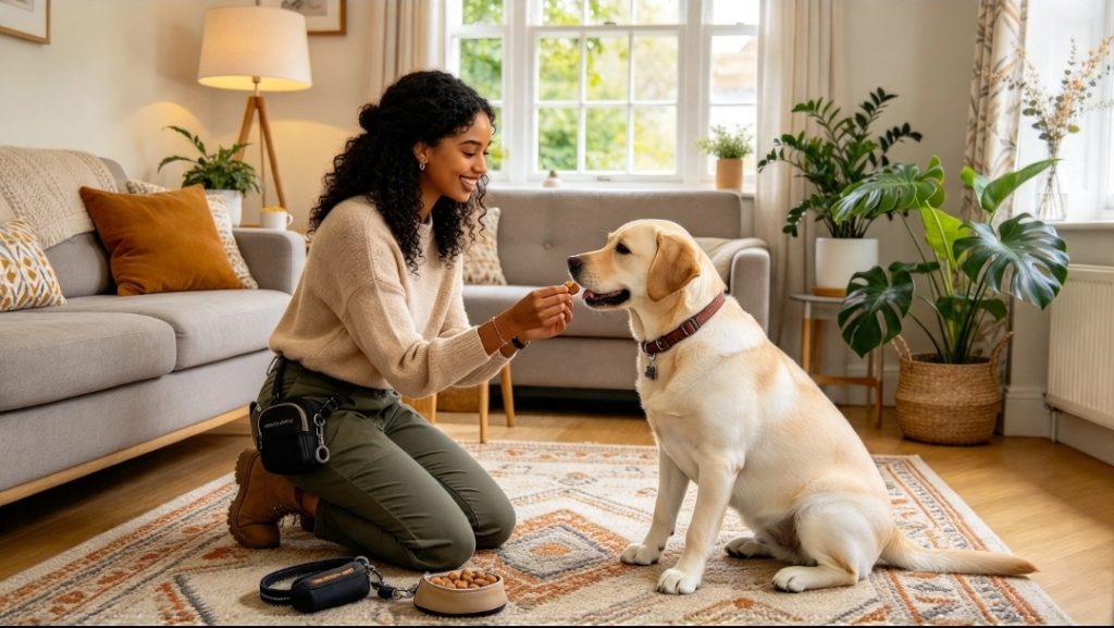 Woman kneeling on a rug and offering food to a sitting puppy in the living room, with a sofa, window, plants and lamp in the background.