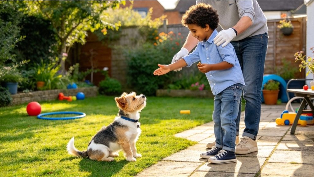 Puppy sitting on the grass facing a toddler and owner standing on a patio in a secure garden, with dog toys on the ground.
