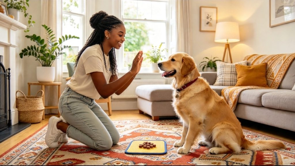 Dog owner holding both hands up towards a sitting puppy on a rug, with training treats on the floor in the living room.