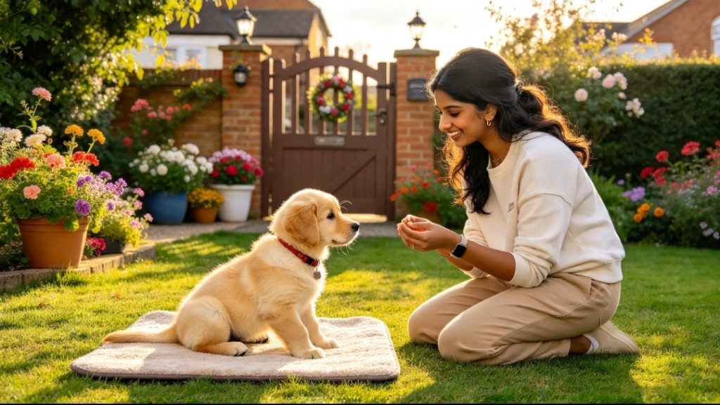 Woman kneeling and holding food while facing a sitting puppy on a training placemat in a secure garden with a closed gate, plant pots and flowers.