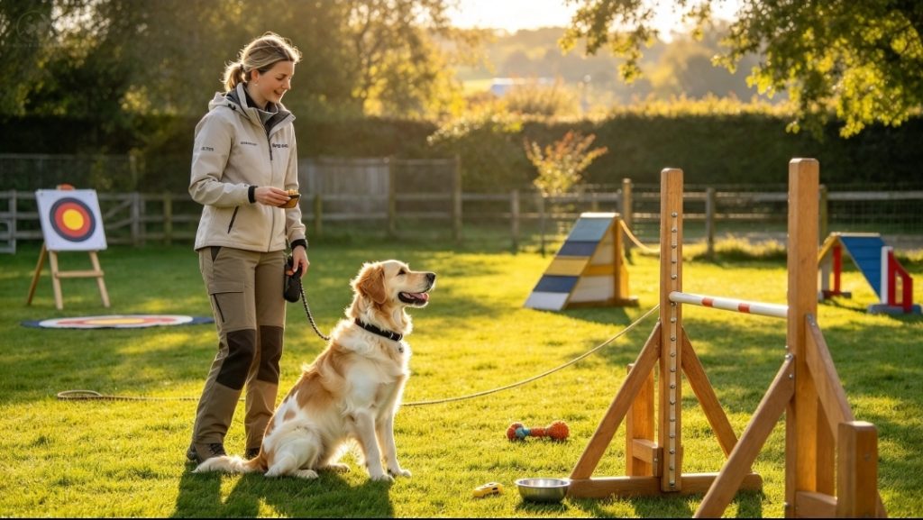 Professional dog trainer working with a dog on a lead in a secure outdoor training area with grass and equipment.