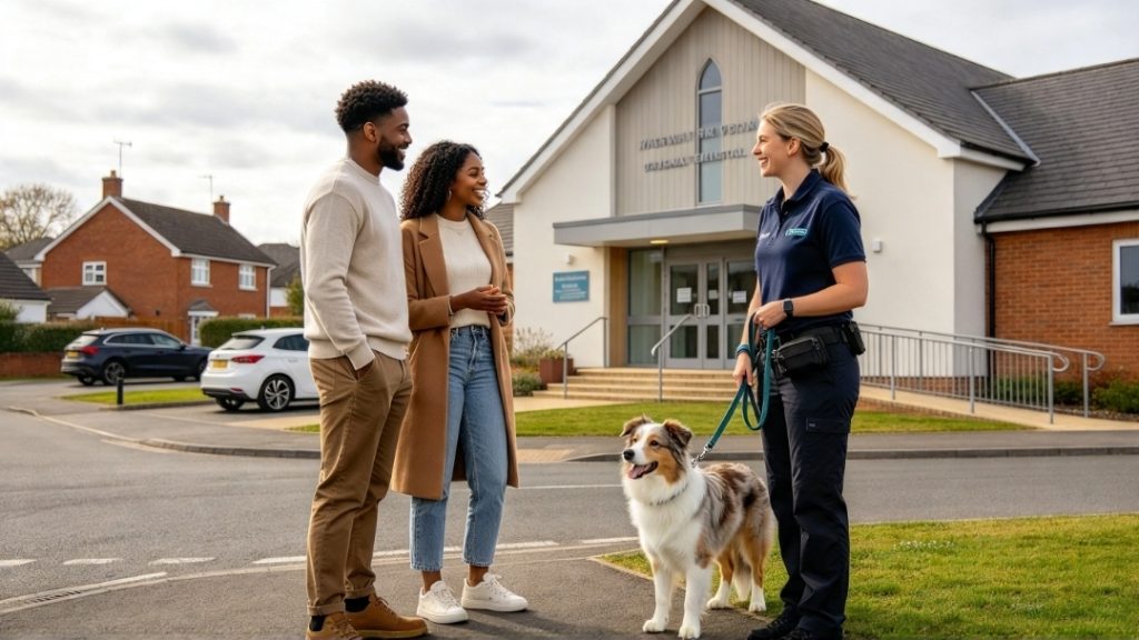 Professional dog trainer discussing dog training with two clients while holding a dog on a lead outdoors.